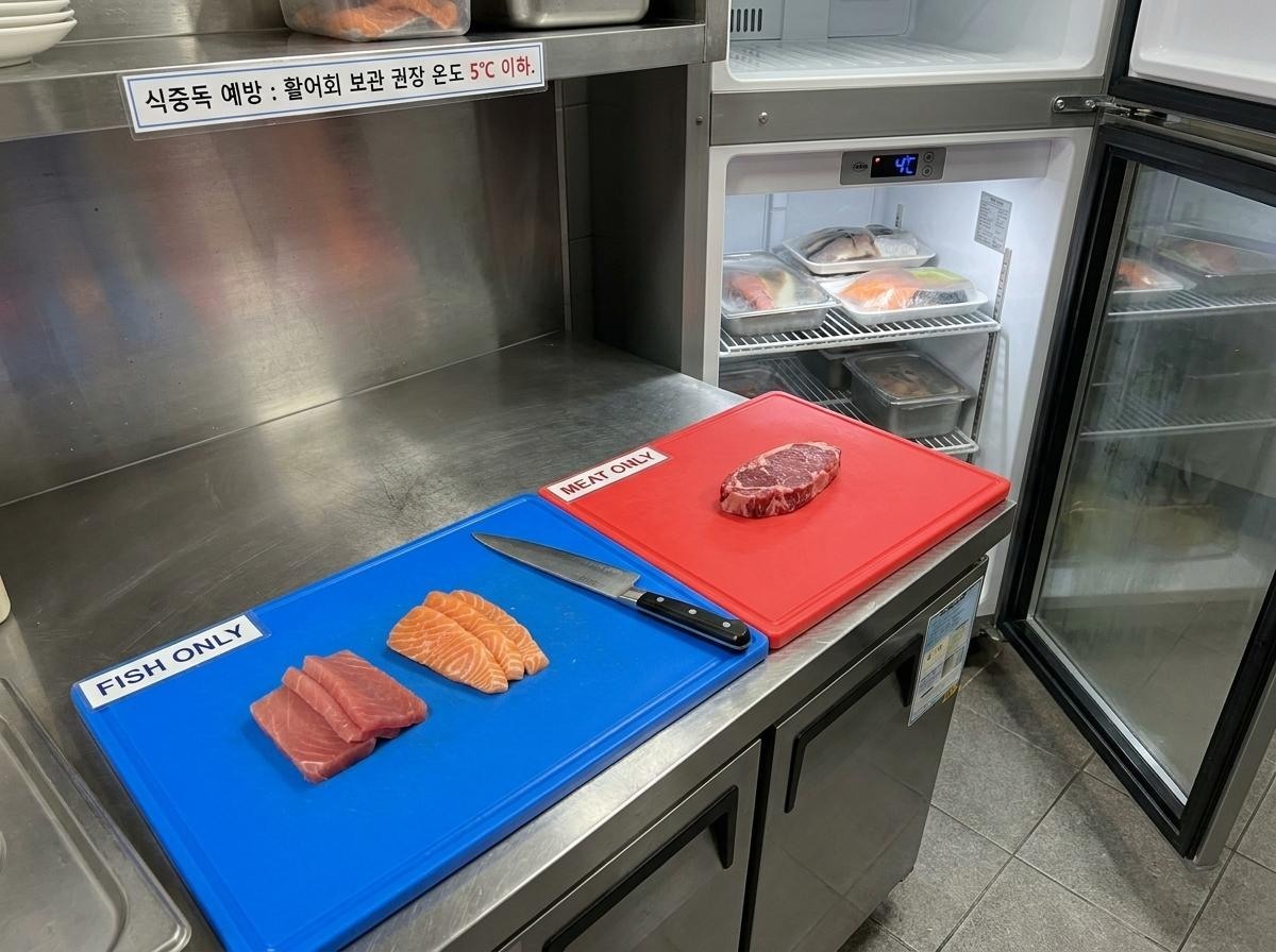 \"刺身を手入れする際に包丁とまな板を別々に使う様子。AIが生成した資料写真。\"