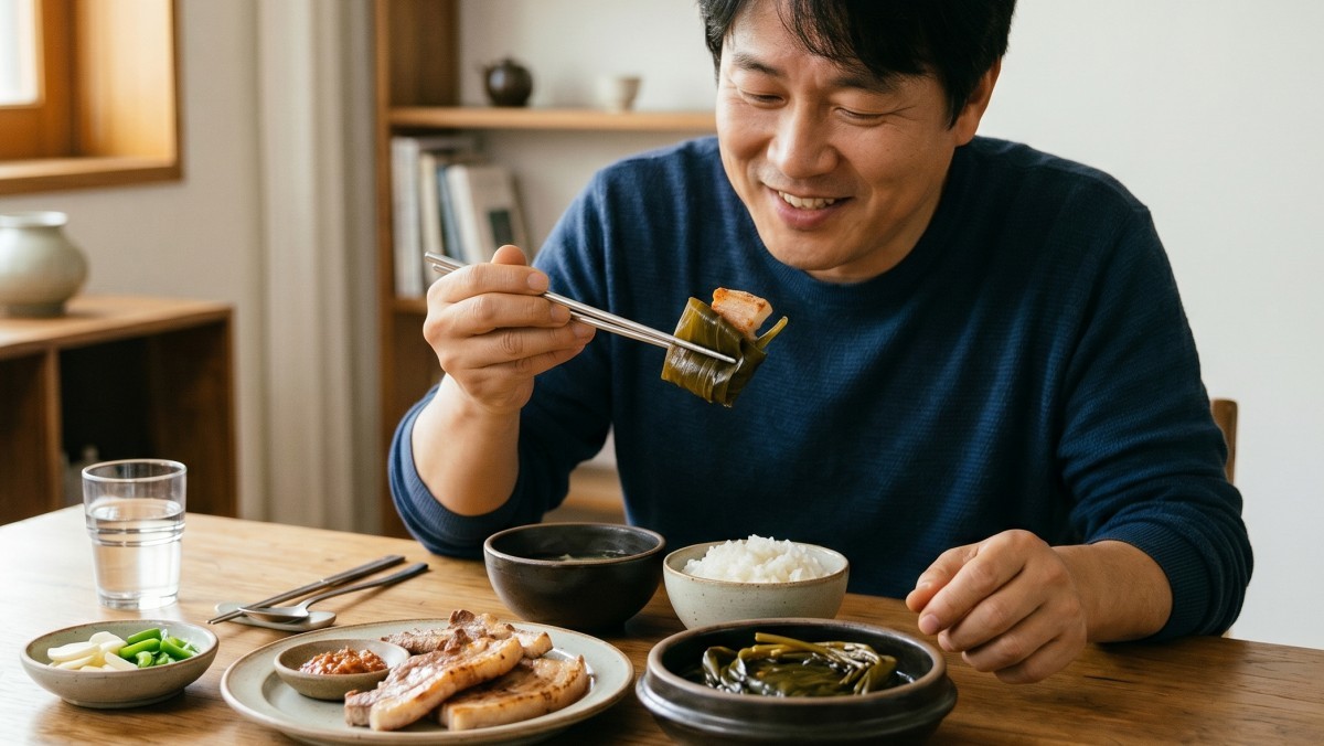 豚バラ肉に山ニンニク（名医野菜）漬物を添える様子（AI生成）