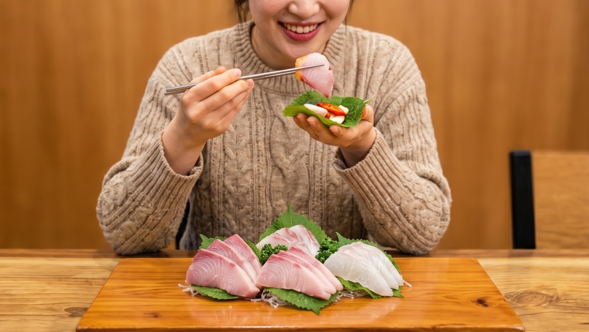 \"活魚刺身を食べる人。AIが生成した資料写真。\"