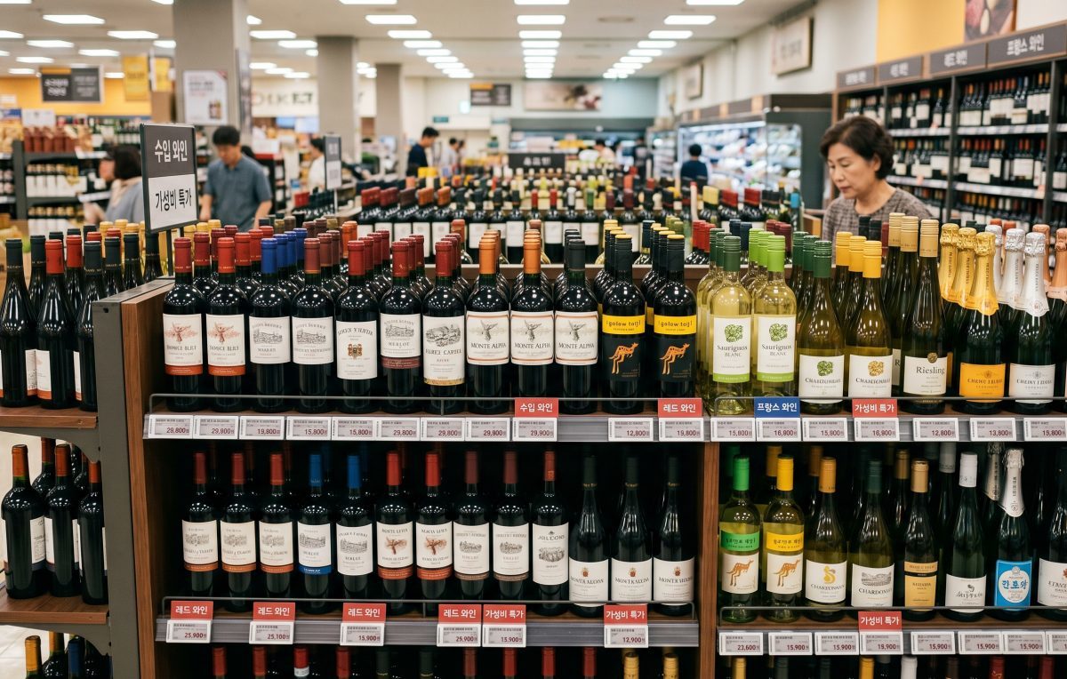 \"スーパーに並ぶワインの写真\"