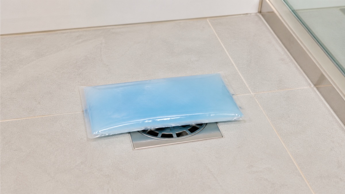 排水口の仮の蓋としてのアイスパックの使用例