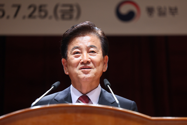 ▲ 昨年7月25日、チョン・ドンヨン新任統一部長官がソウル鍾路区の政府ソウル庁舎別館で行われた就任式で就任挨拶をしている。 ⓒ연합뉴스