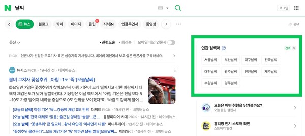 ▲ネイバーで「天気」を検索した結果、推薦された「関連検索語」（右側の緑色の四角）