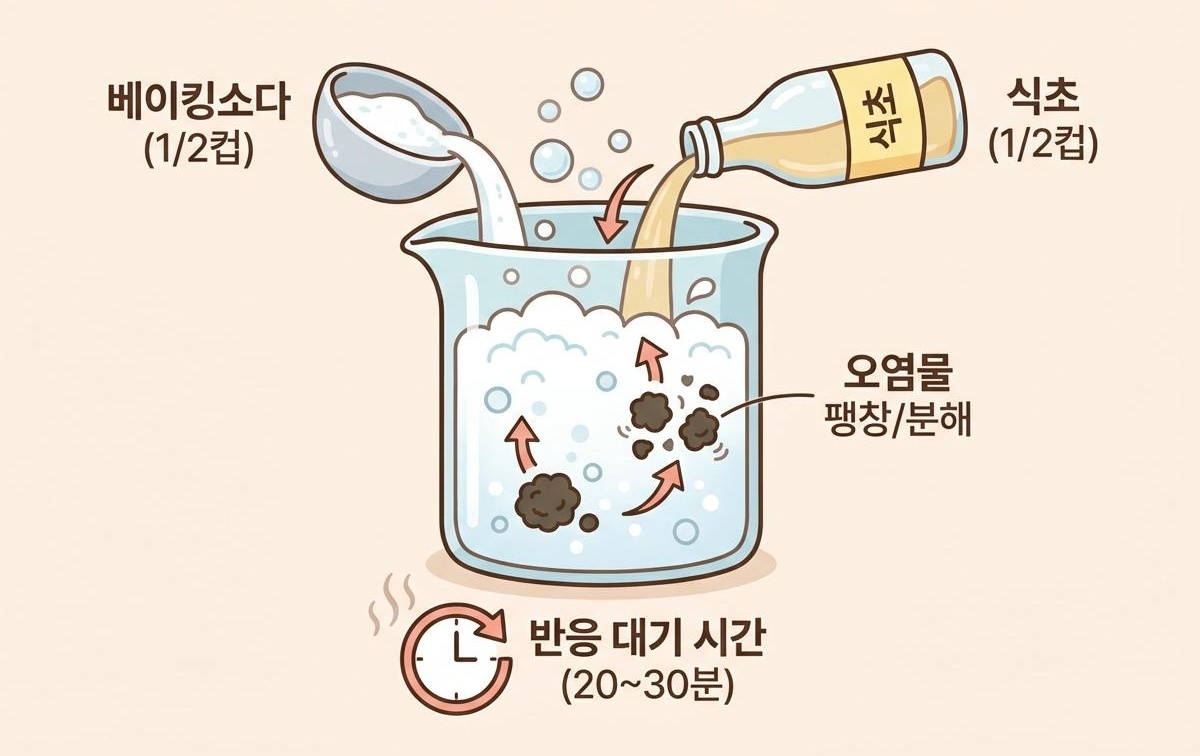 \"ベーキングソーダと酢で汚れを取る様子\"