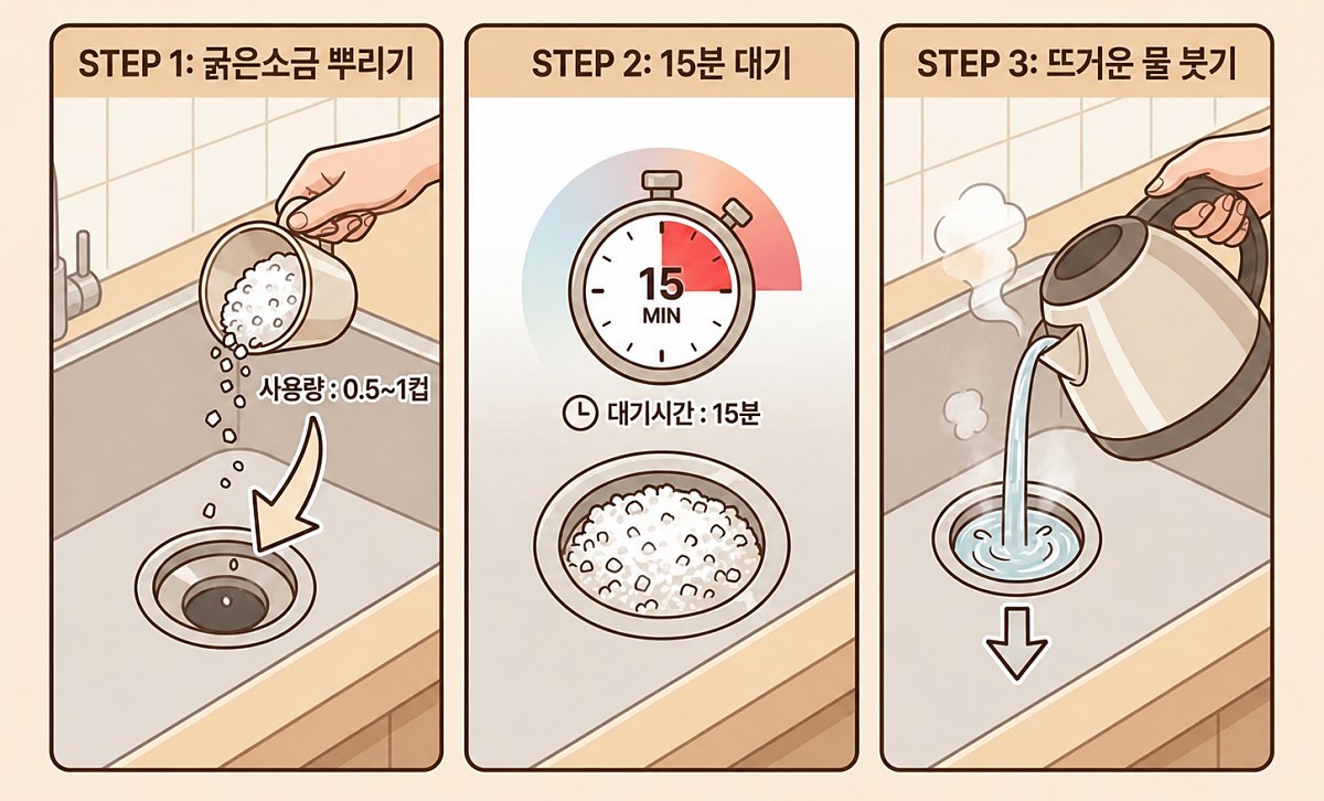 \"排水口に塩を振りかけ、熱い湯を注ぐ様子\"