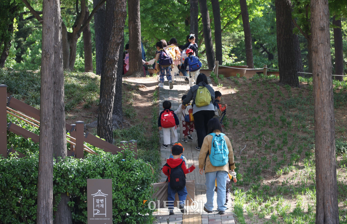 初夏の陽射しが差し込む森の道を歩く子どもたち