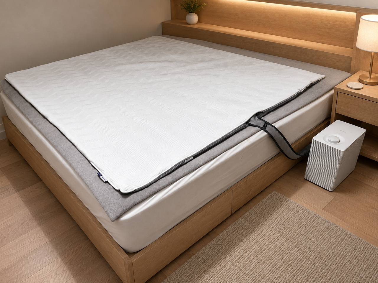 京東ナビエンの「熟眠マット 四季プロ」を設置した場面。設置は5分とかからず簡単だった。電源を入れて冷気が行き渡るまで約10分かかった。製品は冬には温水マットとして使用可能である。  [홍석희 기자]