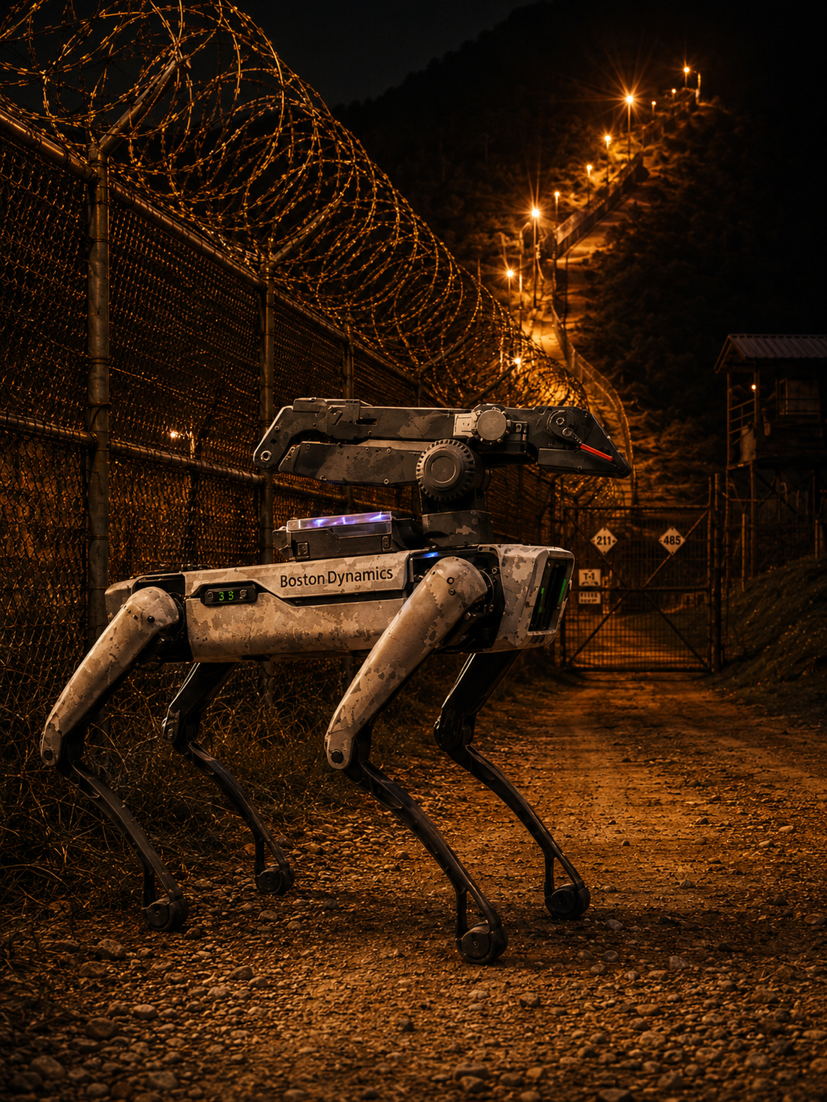 \"夜間巡回中の四足歩行ロボット「スポット」想像図/記事の理解を助けるためにAIで生成された画像\"