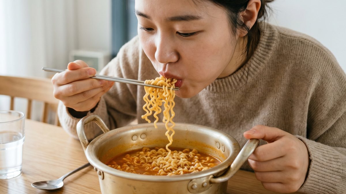 \"ラーメンの麺を沸騰した水に入れた様子。AIが生成した資料写真。\"