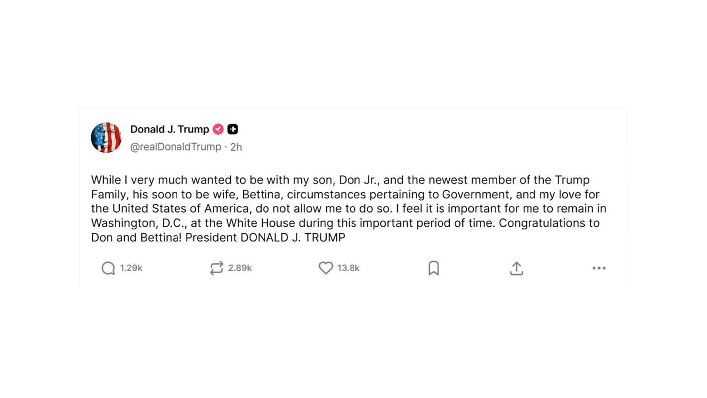 Trump Skips Don Jr.’s Bahamas Wedding Amid Rising Iran Tensions
