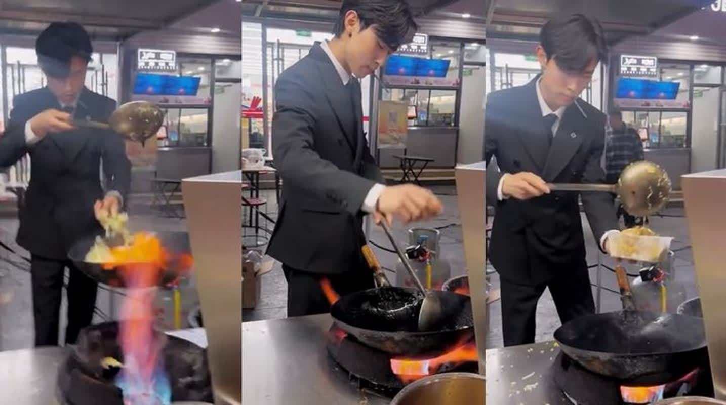 現実版『ワンピース』！スーツ姿の若者が炒飯を作る